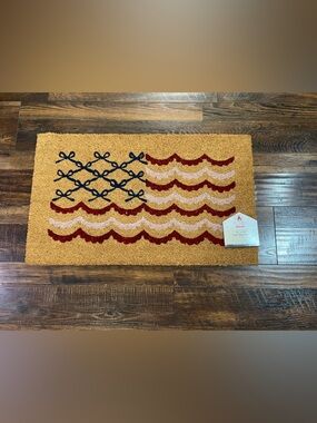 My Texas House Patriotic Tan Coir Doormat with Red, Pink and Navy Wave Pattern